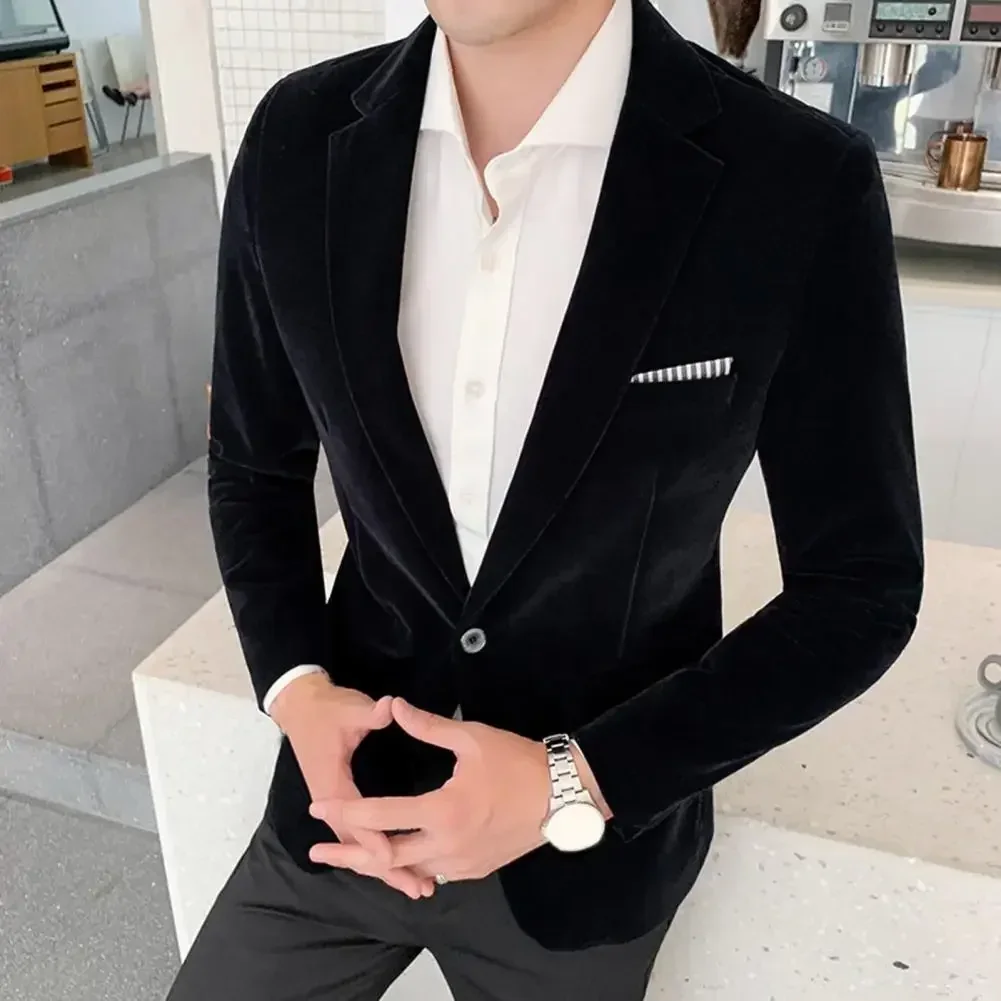 Popular Men Blazer Regular Sleeves Fine Stitching Male Velvet Lapel Suit Coat