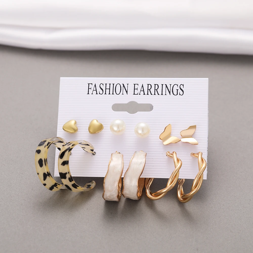 Punk Leopard Acrylic Resin Hoop Earrings Set for Women Trendy Gold Silver Color Butterfly Pearl Circle Earrings Gifts Jewelry