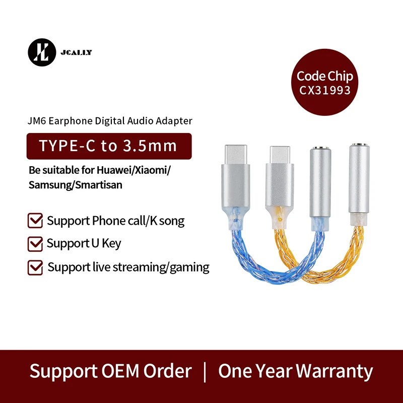 JCALLY JM6 Type-C to 3.5mm CX31993 digital audio portable decoding amp Hifi DAC mobile USB Type C to 3.5mm adapter