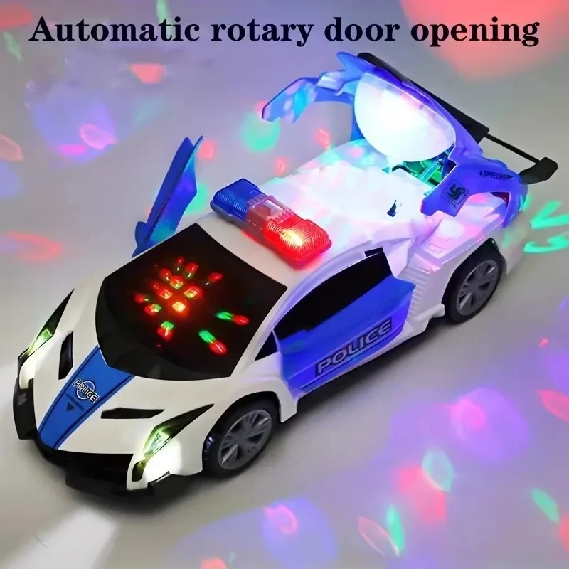 360 °   Giocattolo per auto della polizia rotante con suono e luce, porte apribili automatiche elettriche, giocattolo per veicoli educativi per regalo per bambini