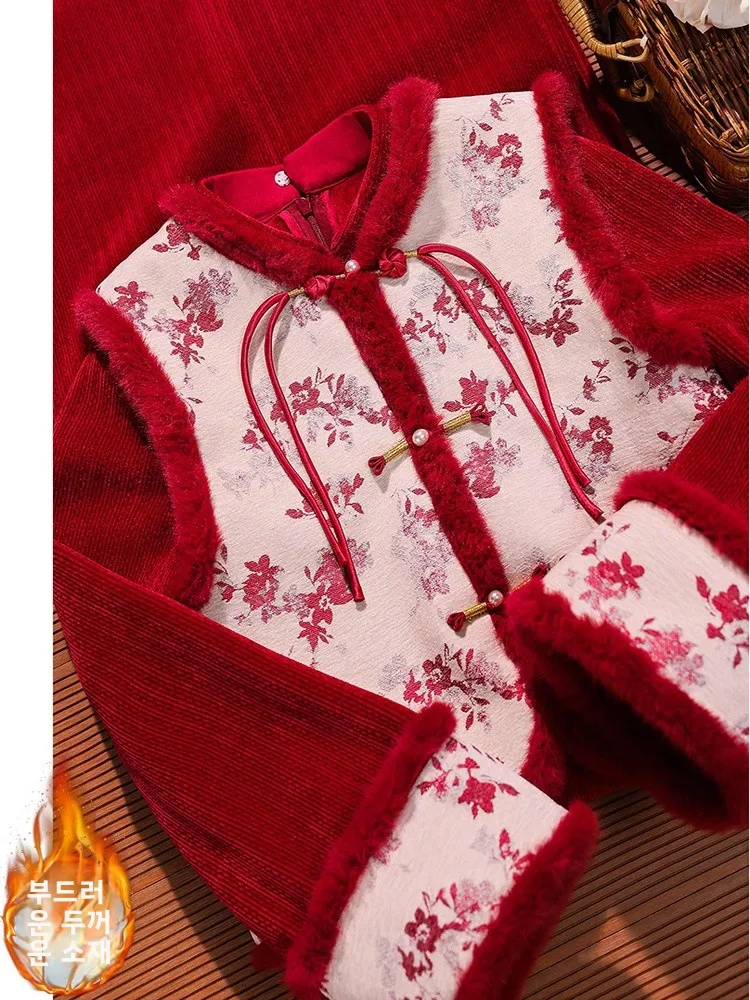 レッドロングスリーブチャイナドレス冬ファションスリムフィットツーピースセット新作中国風改良秋冬暖かいポリエステル繊維