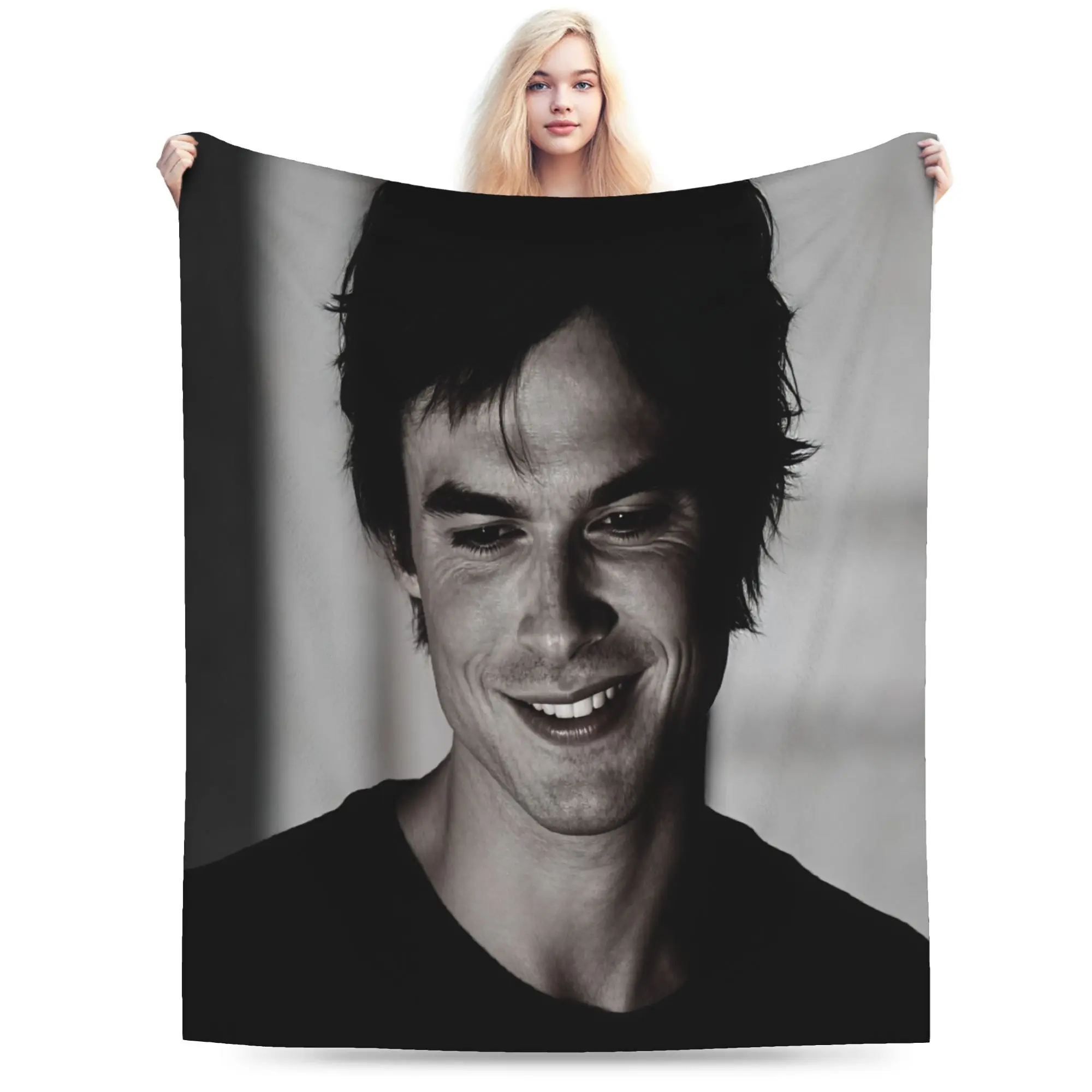 Cozy Blanket Travel Car VIKAMA Vampire Diaries Damon Portrait Throw Blanket Novelty  Bedspread For Outdoor