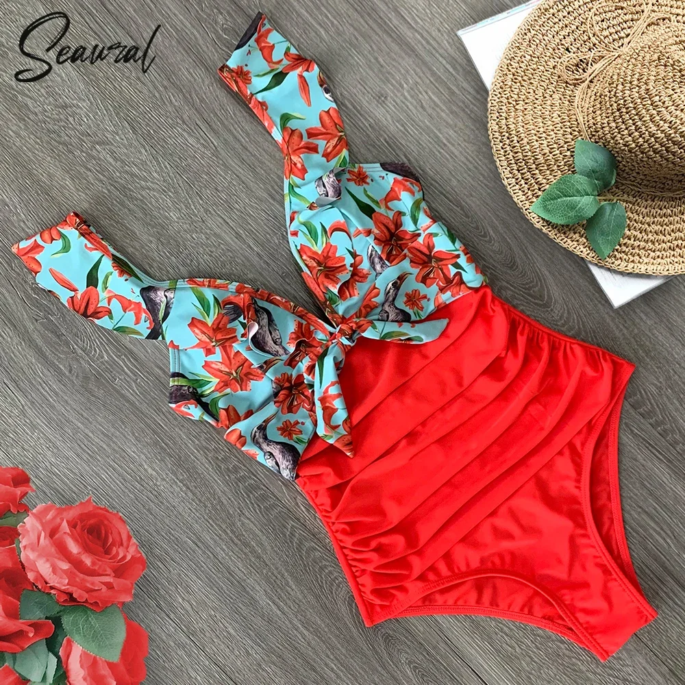 

2024 Sexy New Ruffle One Piece Swimsuit Off The Shoulder Swimwear Women Swimsuit Deep-V Bathing Suits Beach Wear Swim Suit