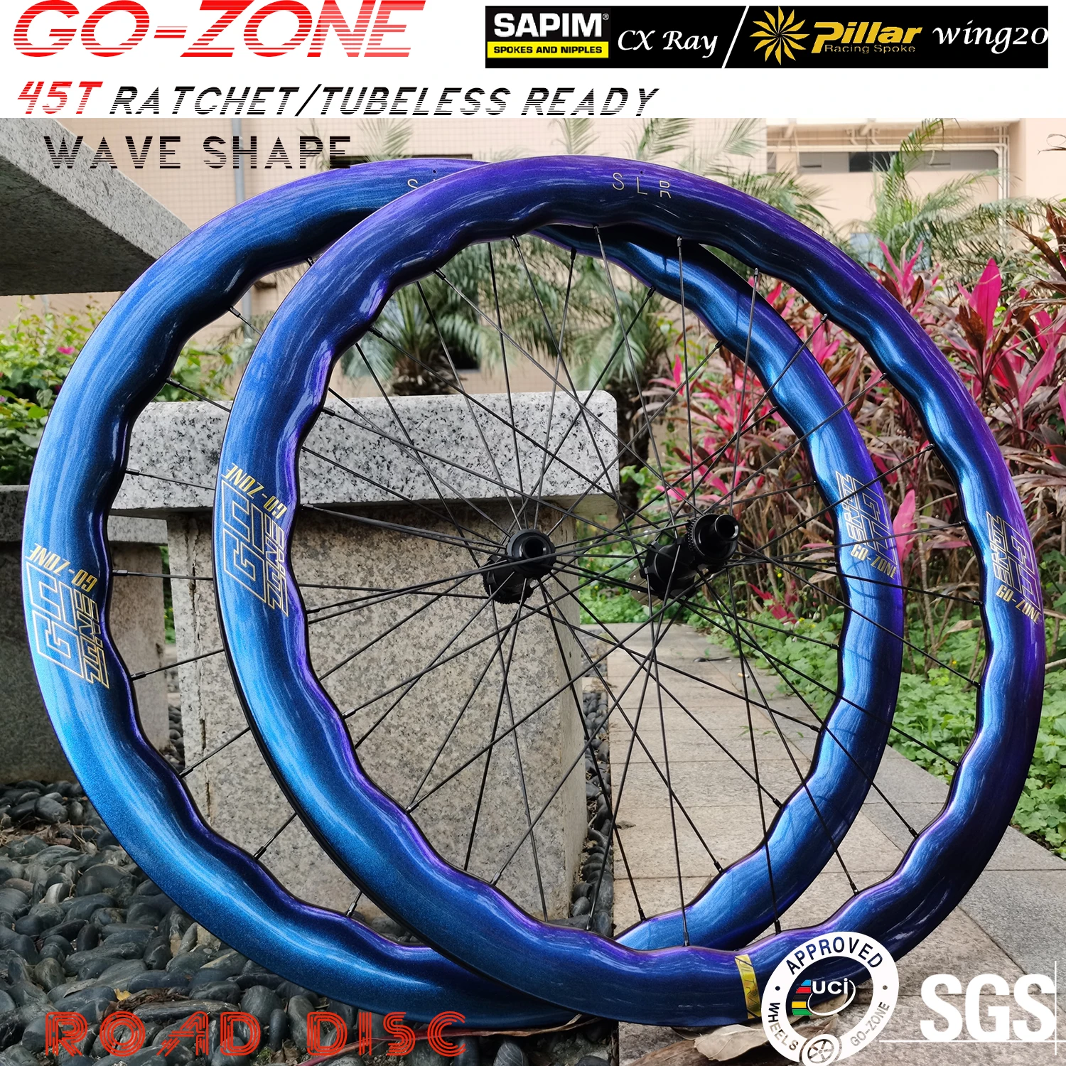 

700c Wave Discoloration Carbon Wheels Disc Brake Gravel Ratchet Sapim / Pillar R330D Tubeless Ready UCI Appd Road Bike Wheels