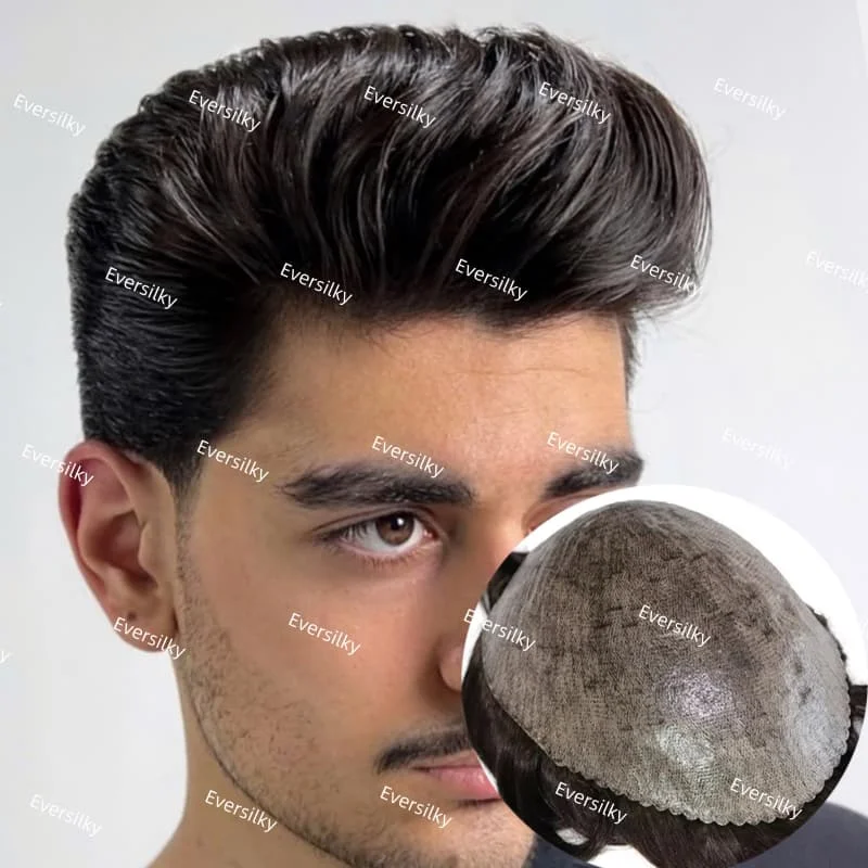 V-loop 110%-130% كثافة خط شعر طبيعي غير مرئي 0.1-0.12 مم نظام شعر مستعار كامل للرجال من البولي يوريثان # 1ب # 1B20 # 1B50 شعر رمادي أسود اللون #1