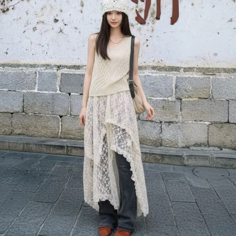 Pastoral Ethnic Style Lace Mesh Half Skirt Layered Elastic High Waist Vintage Casual Asymmetrical Midi Skirt for Young Women