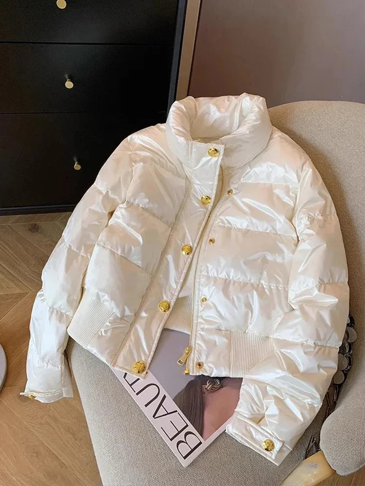 

Zoki Elegant White Parkas Women Casual Buttons Korean Puffy Coats Winter Fashion Long Sleeve Warm Thick Stand Collar Jackets New