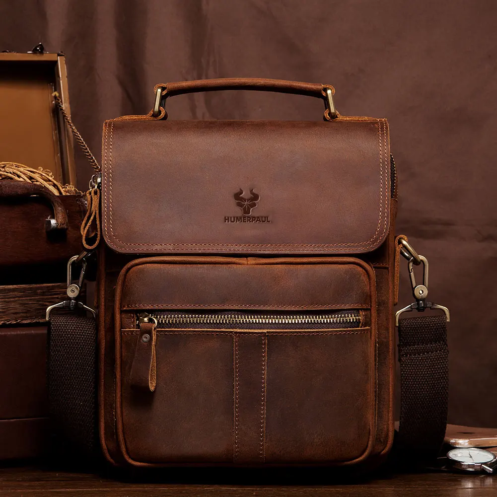 HUMERPAUL Crazy Horse skórzana męska torba na ramię Retro biznesowe torby kurierskie typu Crossbody Casual męska torebka Bolsos Sling