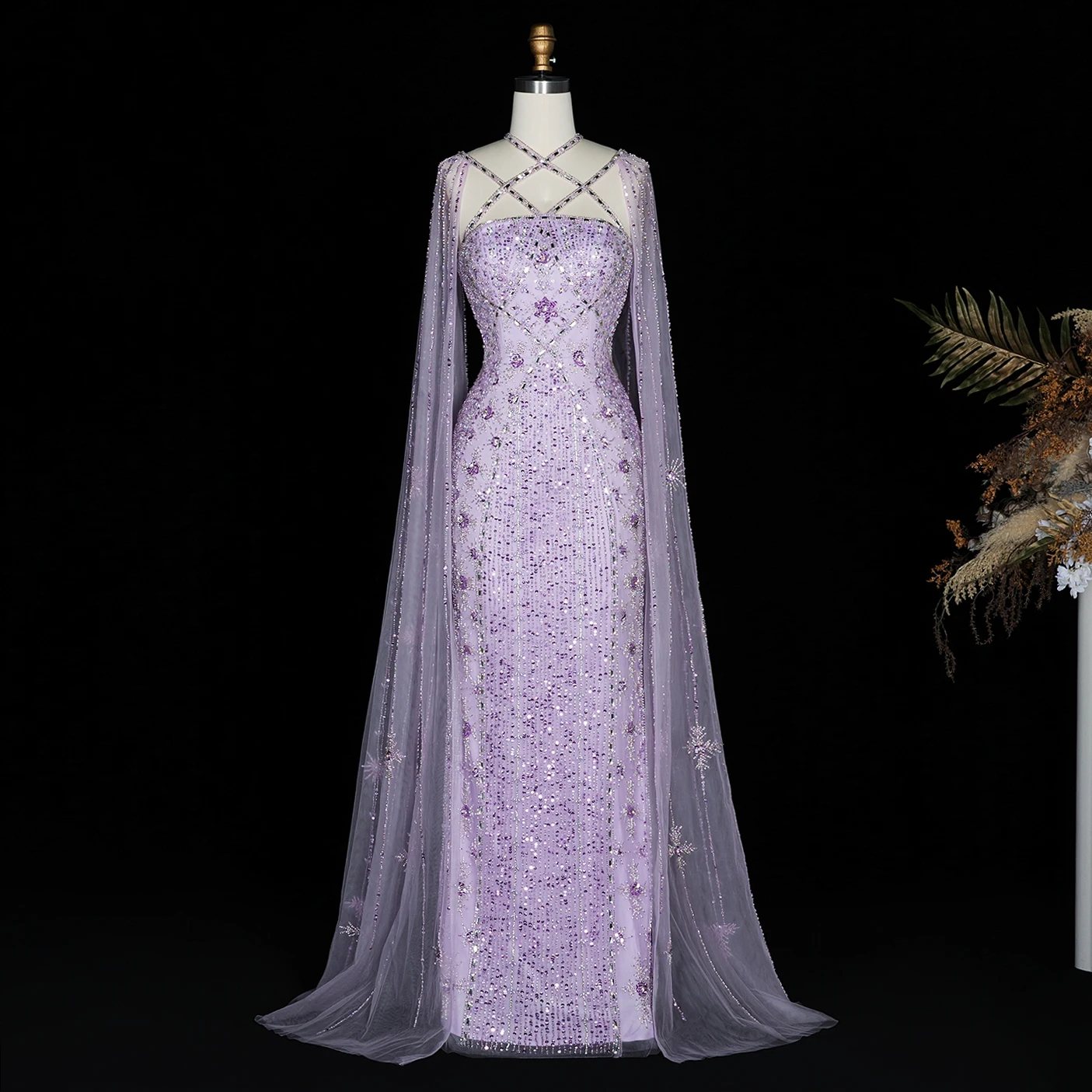 Sharon Said Dubai Champagner Meerjungfrauen-Abendkleider mit Cape-Ärmeln Aqua Criss Cross Flieder Hochzeits-Partykleid SS391 Maßanfertigung – Detail 15