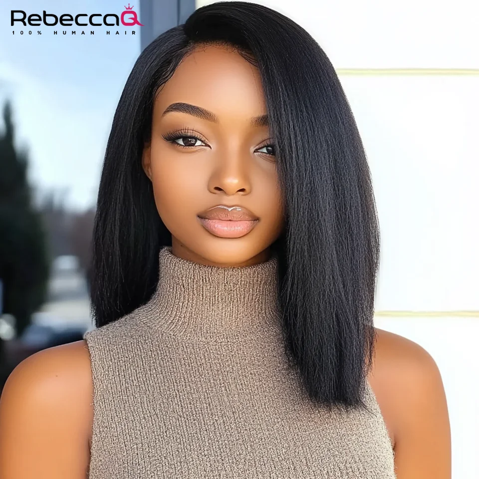 Kinky Straight Human Hair Wigs Part Side Wear to go Glueless Wig 250 Density Remy Brazilian Yaki Straight Bob Wig Human Hair