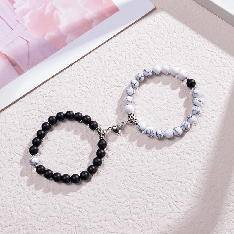 2Pcs Love Magnet Natural Howlite StoneBracelets for Soul Mate Bracelet Gift for Couple Girlfriend Boyfrie