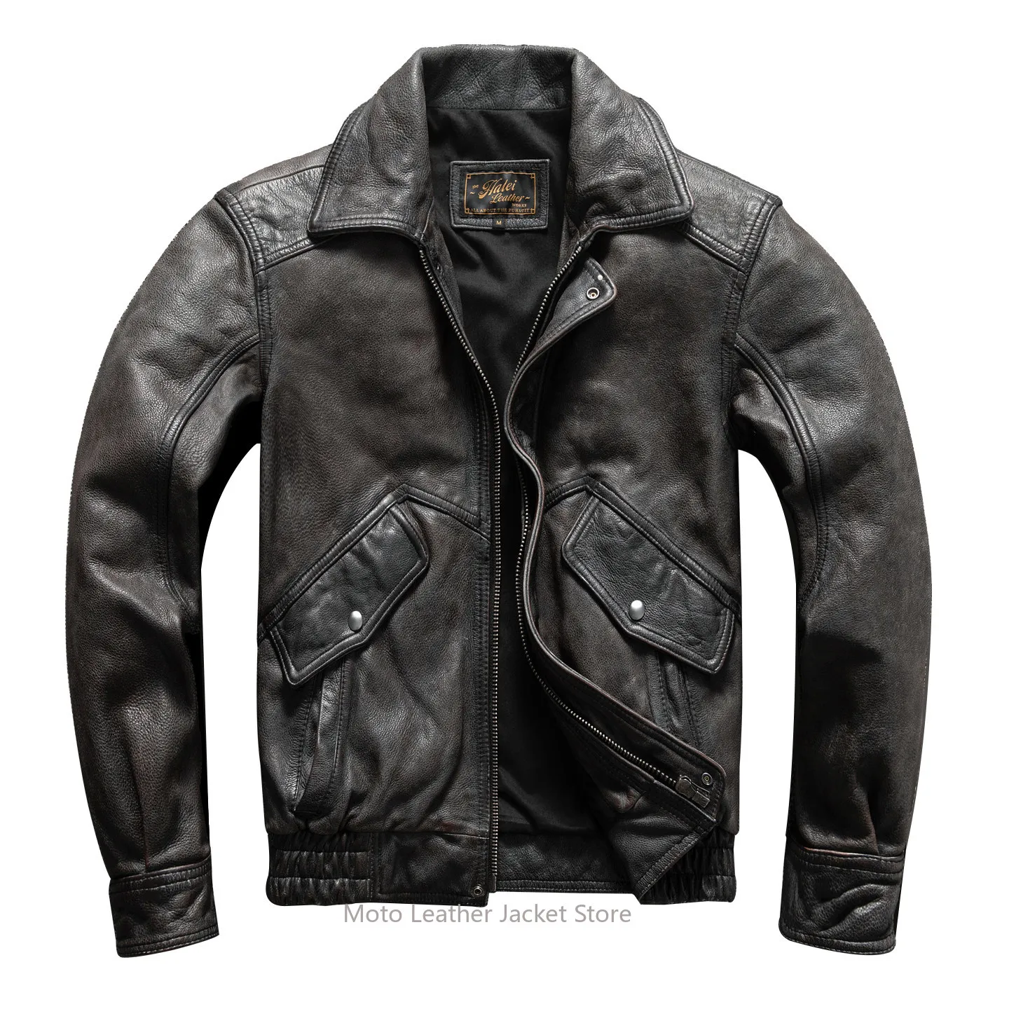 Men's Black Gray Vintage Distressed First Layer Cowhide Genuine Leather Jacket Hong Kong Style Amekaji Plus Size Flight Coat - view 4