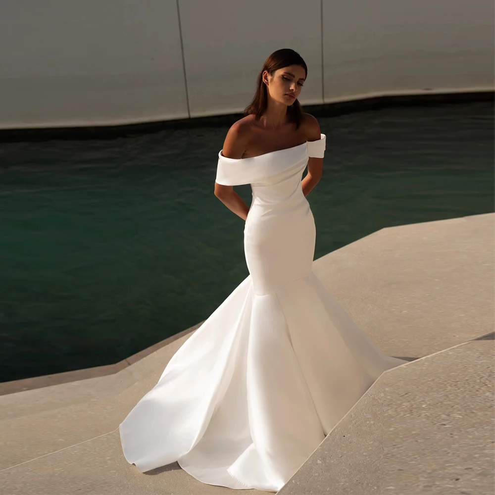 فساتين زفاف عاجية برقبة قارب 2025 قبالة الكتف زي العرائس سويب تراين حورية البحر جديد فيستدو دي نوفيا ساتان رداء دي صيفي