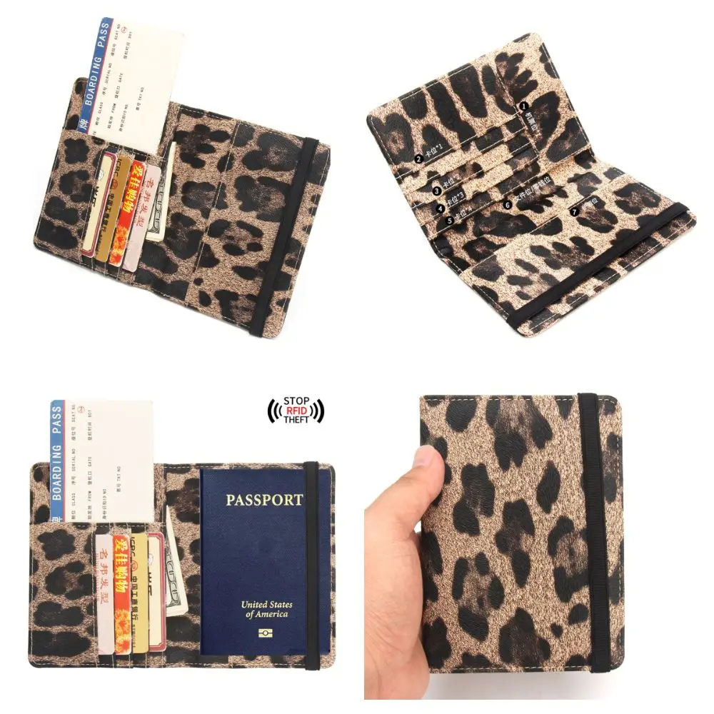 Portable Leopard Print Passport Cover PU RFID Certificates Passport Bag Travel Supplies Multi-function Card Holder