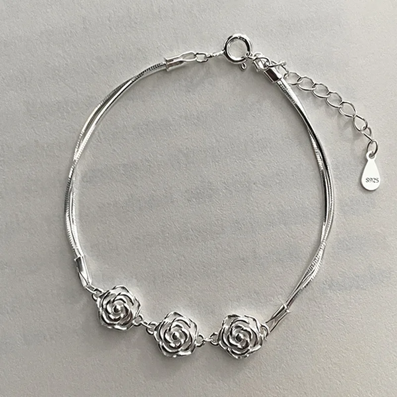 Sterling Silver Color Double Bracelets for Women Rose Charm Female Hand Chain Link Orignal Fashion Jewelry With Stamp