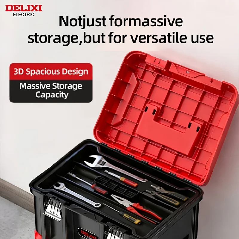 DELIXI ELECTRIC Stackable Tool Box,Detachable Foldable Trolley,with Multi-Size Interlock & Double Buckles,for Daily Storage.