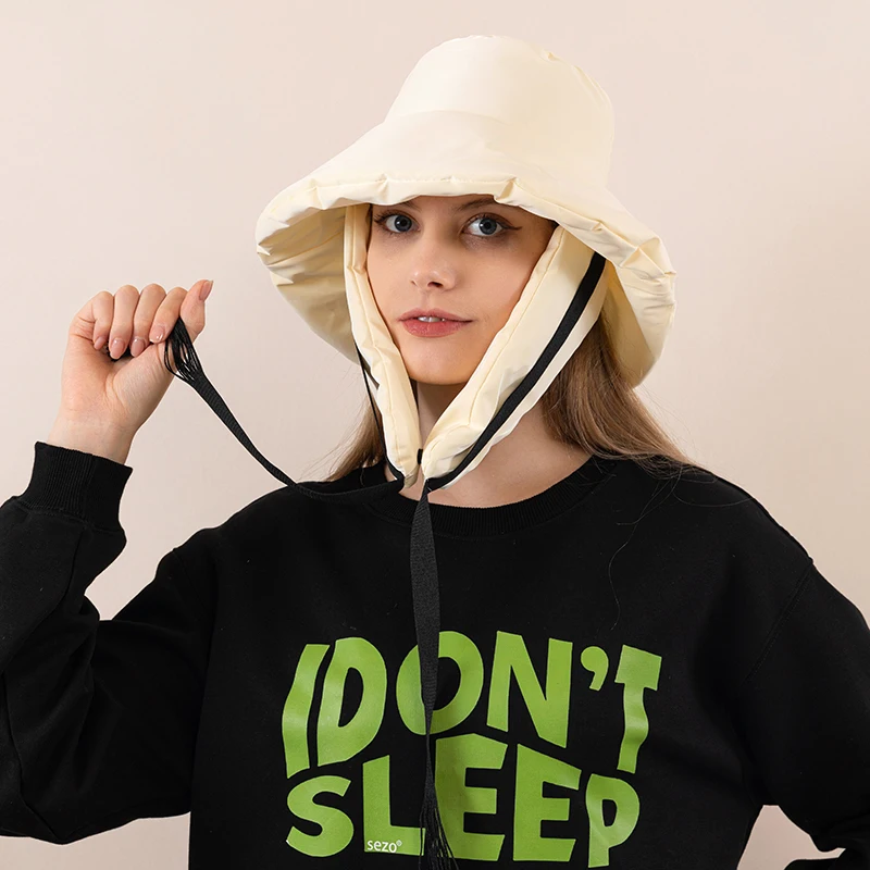 

Winter Down-Cotton Bucket Hatswith Windproof Streamer Snap-Button Fastening for Secure Adjustment Thermal Outdoor Hats Travel