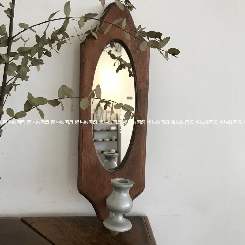 French Solid Wood Wall-Mounted Decorative Mirror, Home and Coffee Shop Prop, Modern Soft Decor Accent