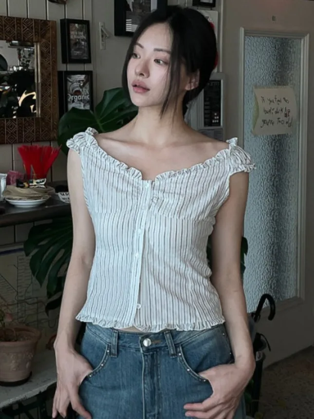 Coréen Sle bleu rayé ort Sve femmes irt dentelle garniture bouton unique printemps été Faion trajet pur e-commerce