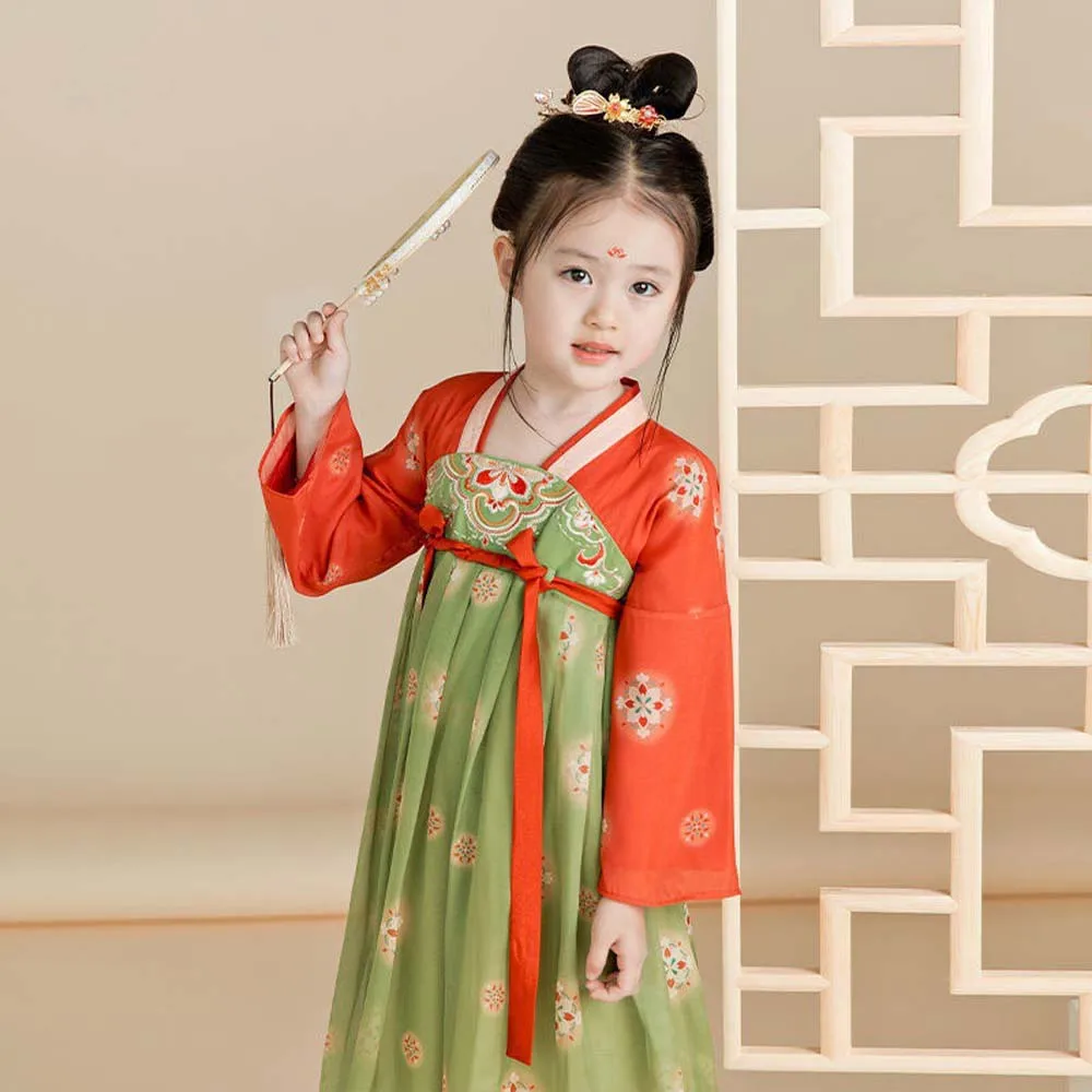 Tenue Hanfu de la dynastie Tang pour enfants, olympiques de scène des Prairies, robe des Prairies pour filles chinoises, vert, rouge, document pour enfants