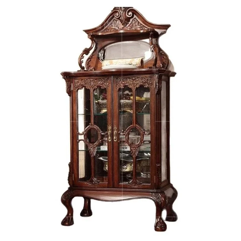 

European retro solid wood carving flower wine cabinet living room glass display cabinet double door wall decorative cabinet