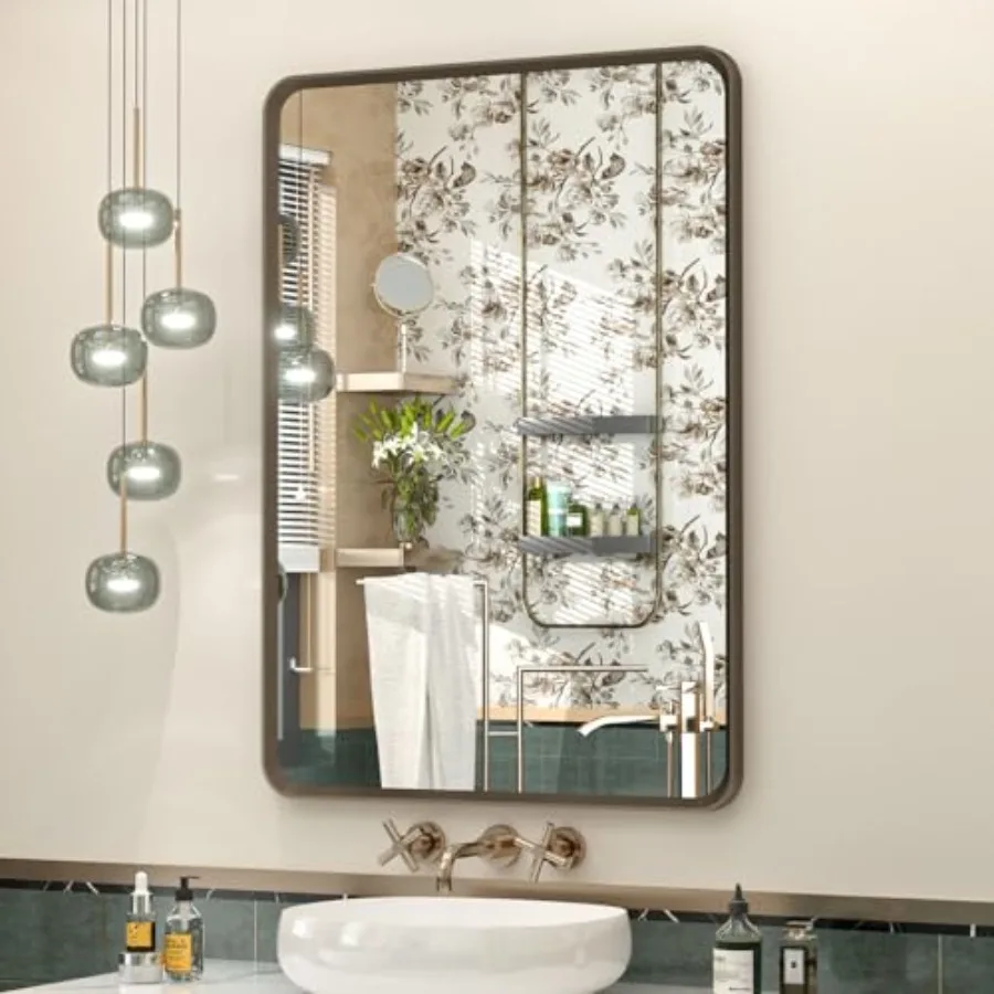 

20x28 Bronze Bathroom Mirror, Brushed Metal Bathroom Vanity Mirrors for Wall, Rounded Rectangle Bronze Frame Mirror for Farmhou
