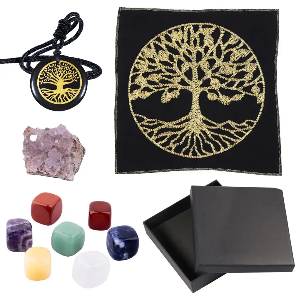 

7 Chakra Stones & Amethyst Cluster & Obsidian Pendant Healing Crystal Stone Set With Life Tree Mat For Yoga Meditation