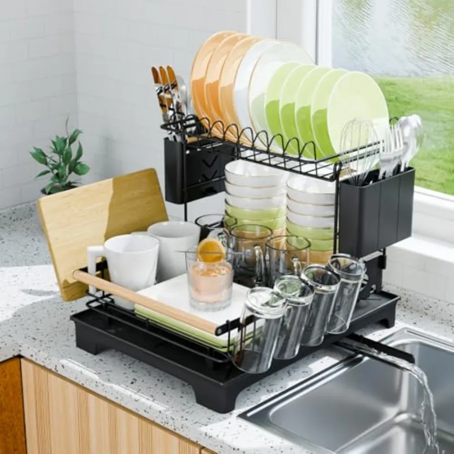 

2-Tier Dish Rack with Drainboard: Large Capacity Anti-Rust Kitchen Counter Organizer with Cup, Utensil and Cutting Board Holder