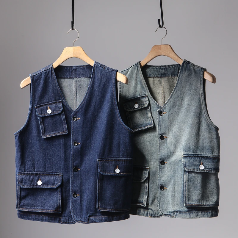 Motorcycle Retro Denim Vest Men's Multi Pockets Workwear Sleeveless Jacket Y2k Youth American Casual Cotton Camisole Top Vintage