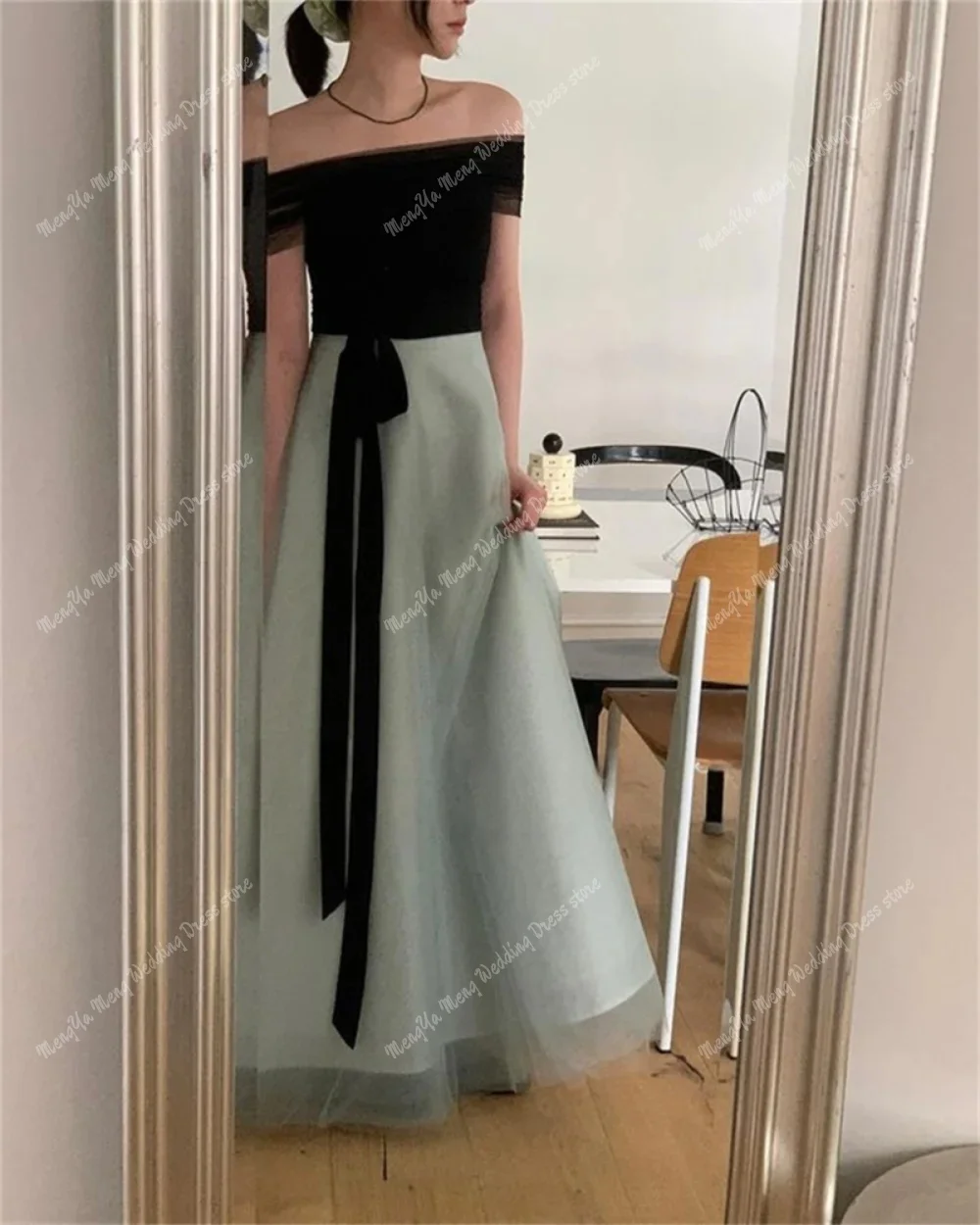 Simple Black Mint Green Korea Women Evening Dresses Customized Photo Shoot Tulle Strapless Floor Length Formal Occasion Gowns