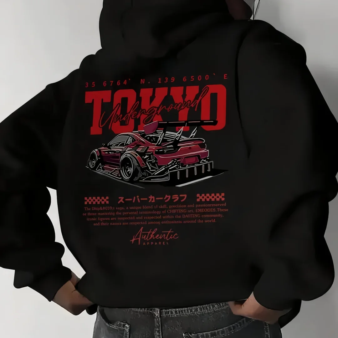 Tokyo Underground JDM Race Car Back Print Hoodie, 270G Brushed Fleece Japanese Drift Car Graphic Black Hooded Sweatshirt, Automotive Streetwear Pullover For Car Enthusiasts Men Women