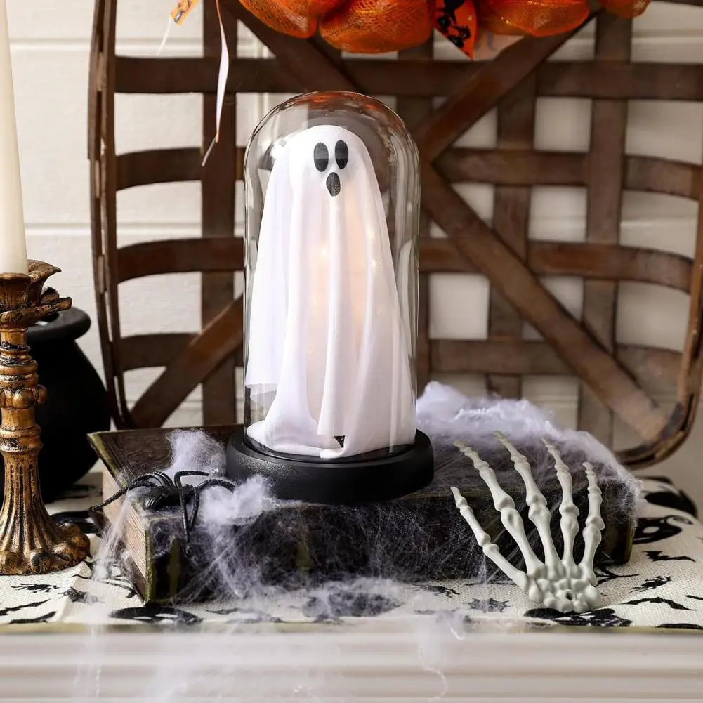 Eerie Home Spooky Halloween Ghost Night Light Glass Cloche for Home Kitchen Mantel Tabletop Party Decor Cute Holiday Decoration