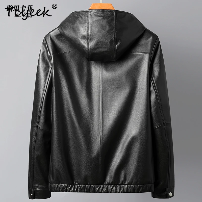 Tcyeek Real Top Layer Cowskin Spring Autumn Trendy Black Hooded Short Men's Genuine Leather Jacket Куртка Кожаная Мужская 가죽 자켓