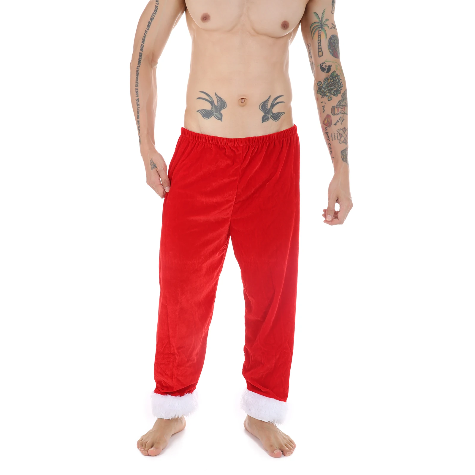 Mens Adult Christmas Pants Santa Claus Costume Velvet Long Pants Red Trousers Xmas Party Holiday Festivals Cosplay Costume