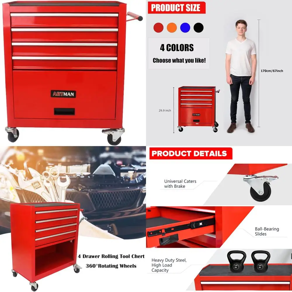 4段引き出し付きローリングツールカート（車輪付き）、トロリーオーガナイザー、ツールケース、ツールチェスト、多機能ツール収納ツールボックス（作業場用）