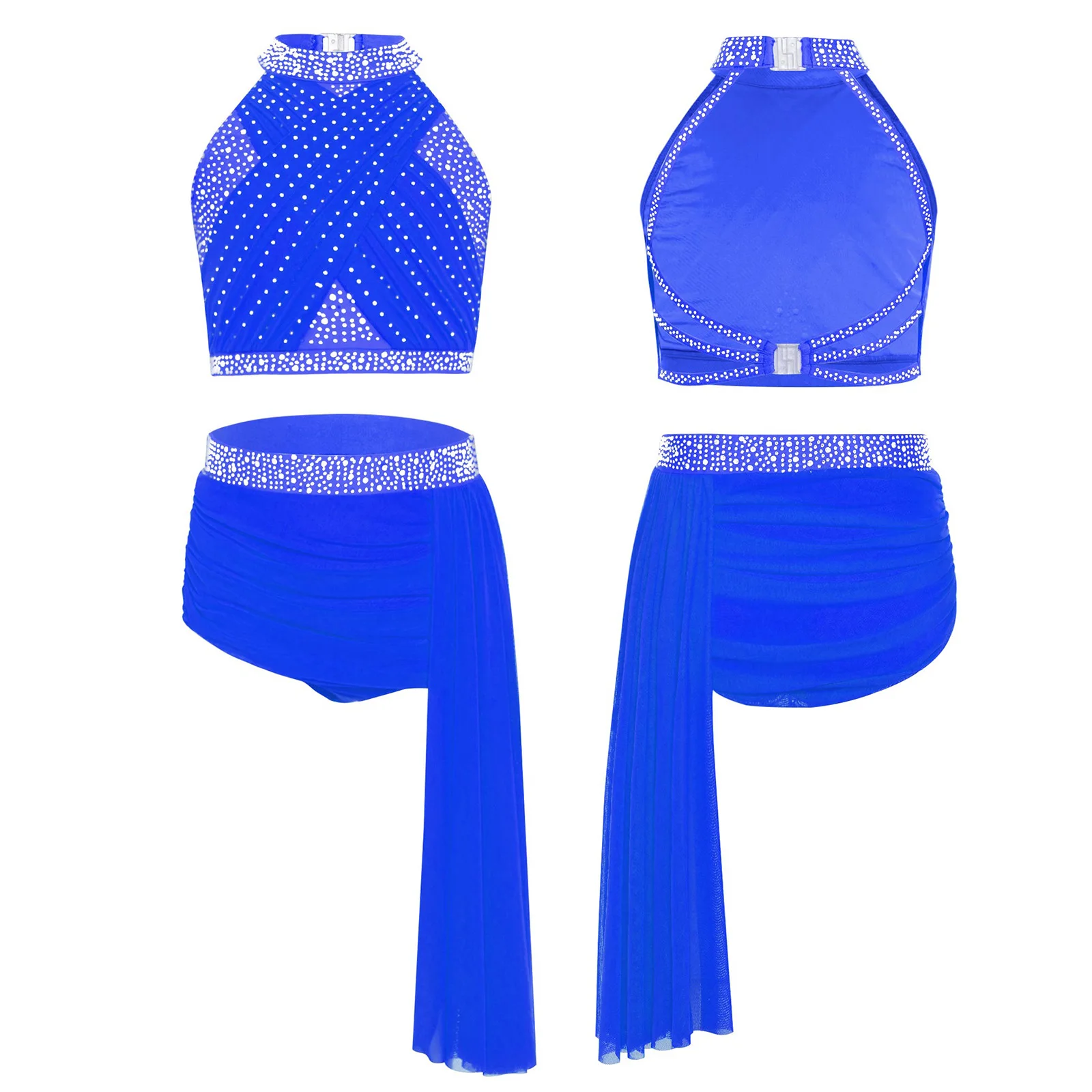 

Kids Girls Latin Dance Costume Shiny Rhinestones Crop Top with Ruched Mesh Skirt for Gymnastics Lyrical Ballet Dance Performance