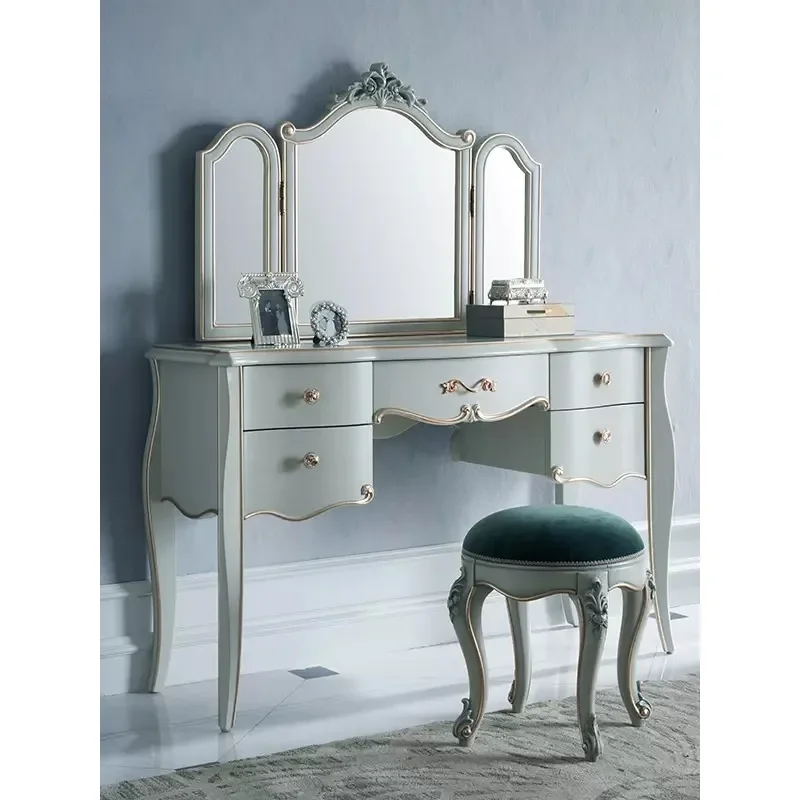 French solid wood dresser, small apartment bedroom carved makeup table makeup mirror combination