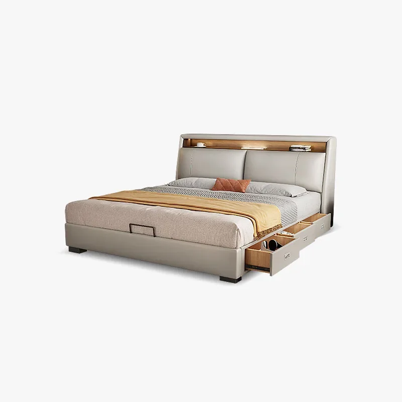 

Light luxury modern simple leather bed, master bedroom small apartment soft bag multi functional drawer storage bed