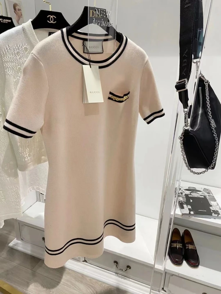 Knitted Chain Striped Patchwork Slim Dress Casual Strecth Mini Summer Dresses Spring Korean Fashion Party Short Kawaii Skirt