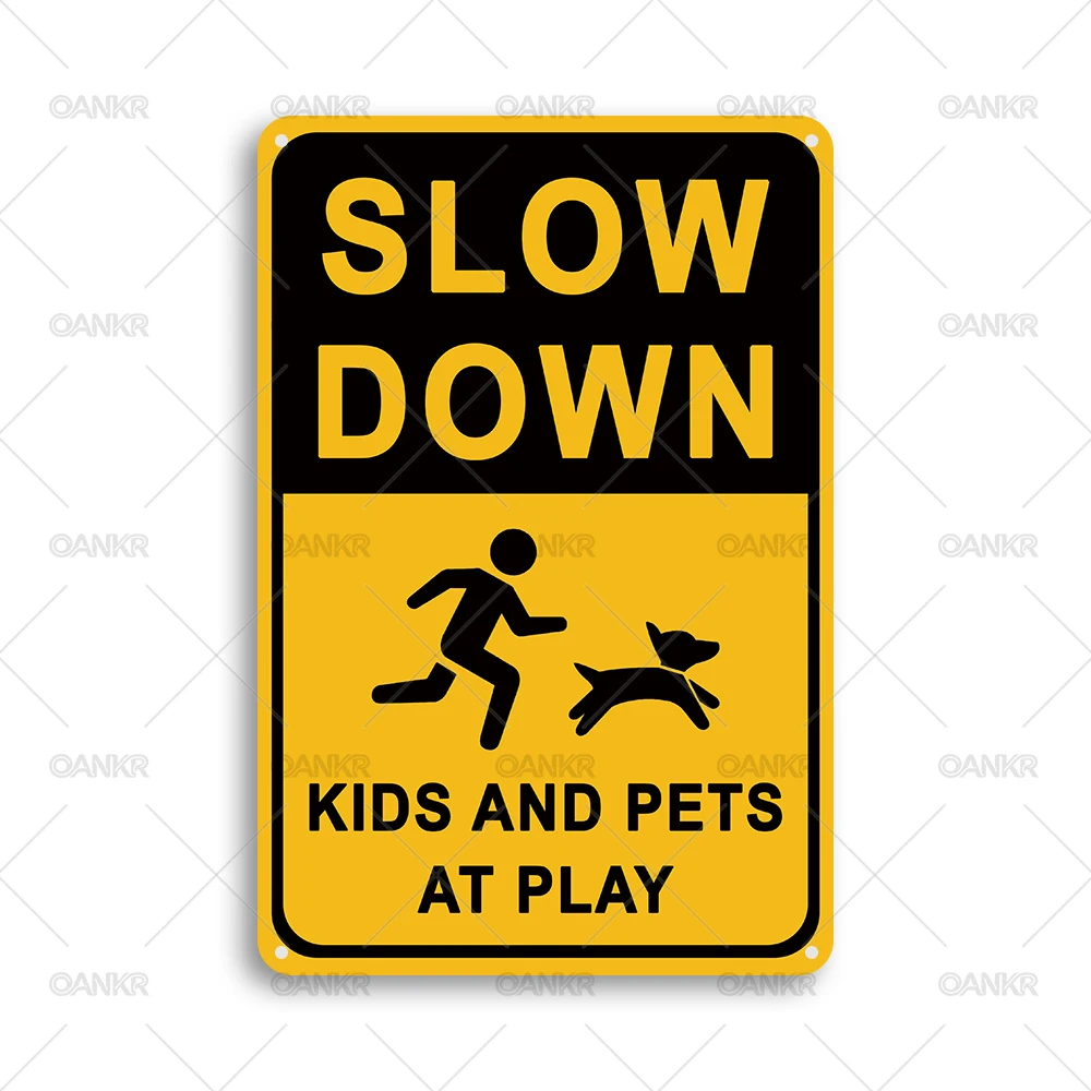 Vintage Slow Down Kids Pets Tin Sign, Yellow Black Warning Graphic Wall Decor for Suburb Yard & Driveway Home