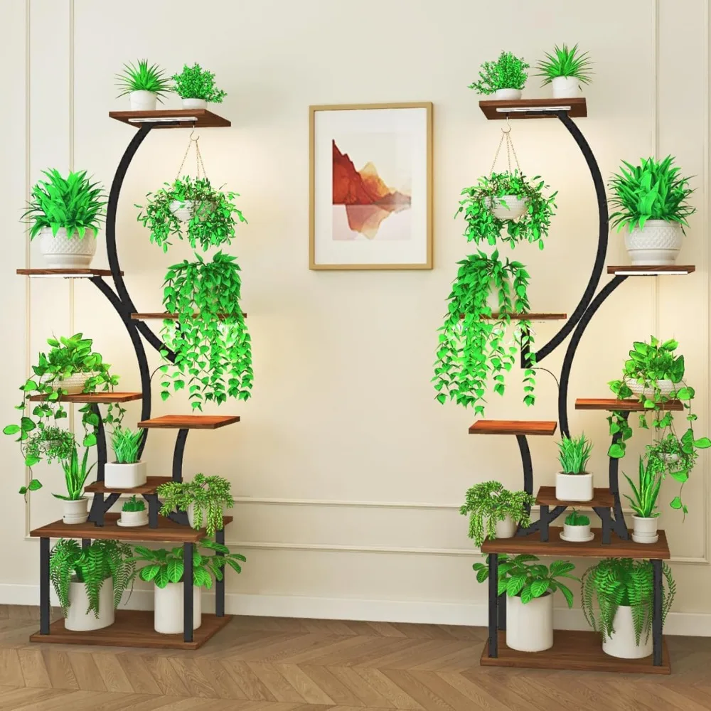 حامل نباتات معدني مكون من 8 طبقات مع أضواء للنمو، رف داخلي بطول 60.4 بوصة للنباتات المتعددة، ديكور المنزل #2