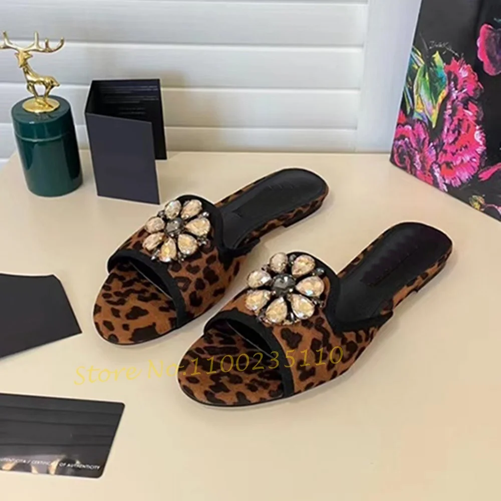 Crystal Flower Leopard Flat Slippers Women Summer Comfy Brown Shoes Sexy Open Toe Rhinestones Slippers Casual New Arrival Shoes