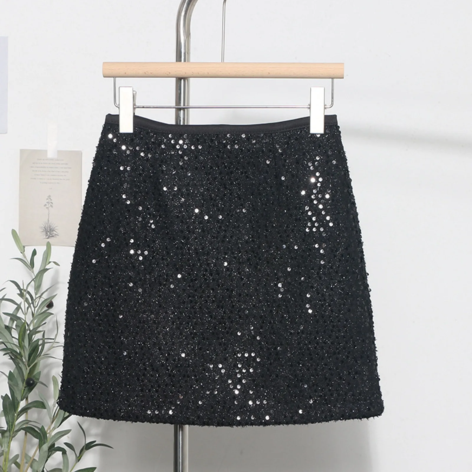 

Solid Color Sexy Hot Girl Half Bodies Skirts High Waisted Slimming Fit Sequin Skirts A Line Hip Wrap Women's Short Skirt