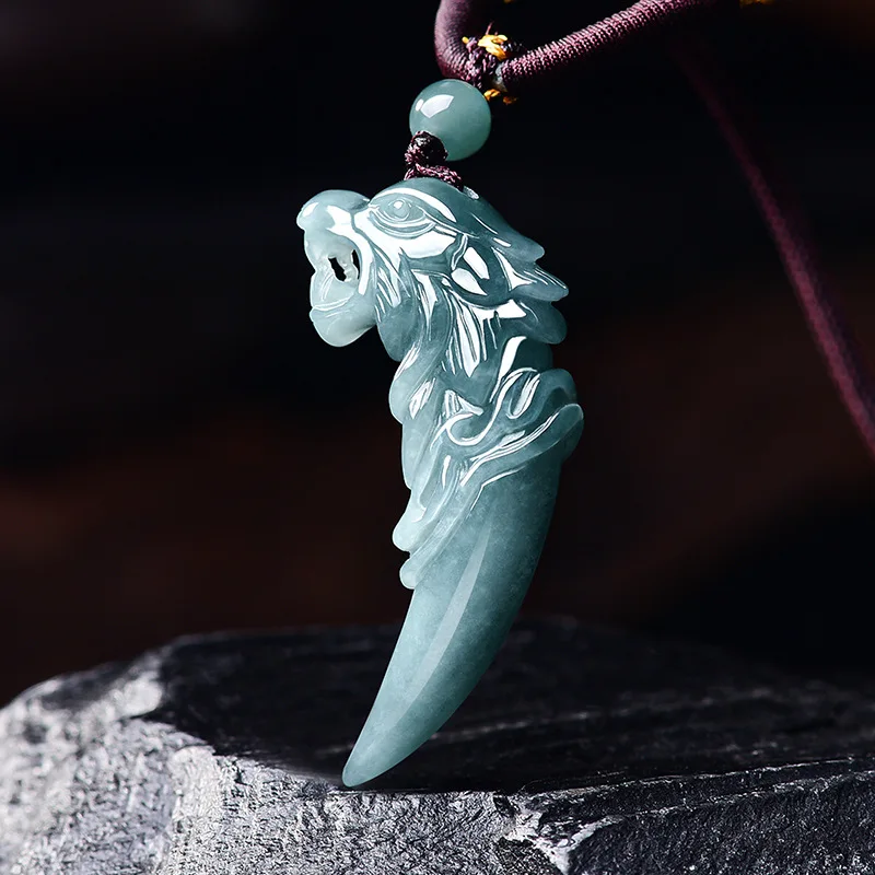 Natural Myanmar Jadeite Wolf Fang Pendant Necklace Talismans Carved Amulet Real Jade Vintage Luxury Fashion Gifts for Women