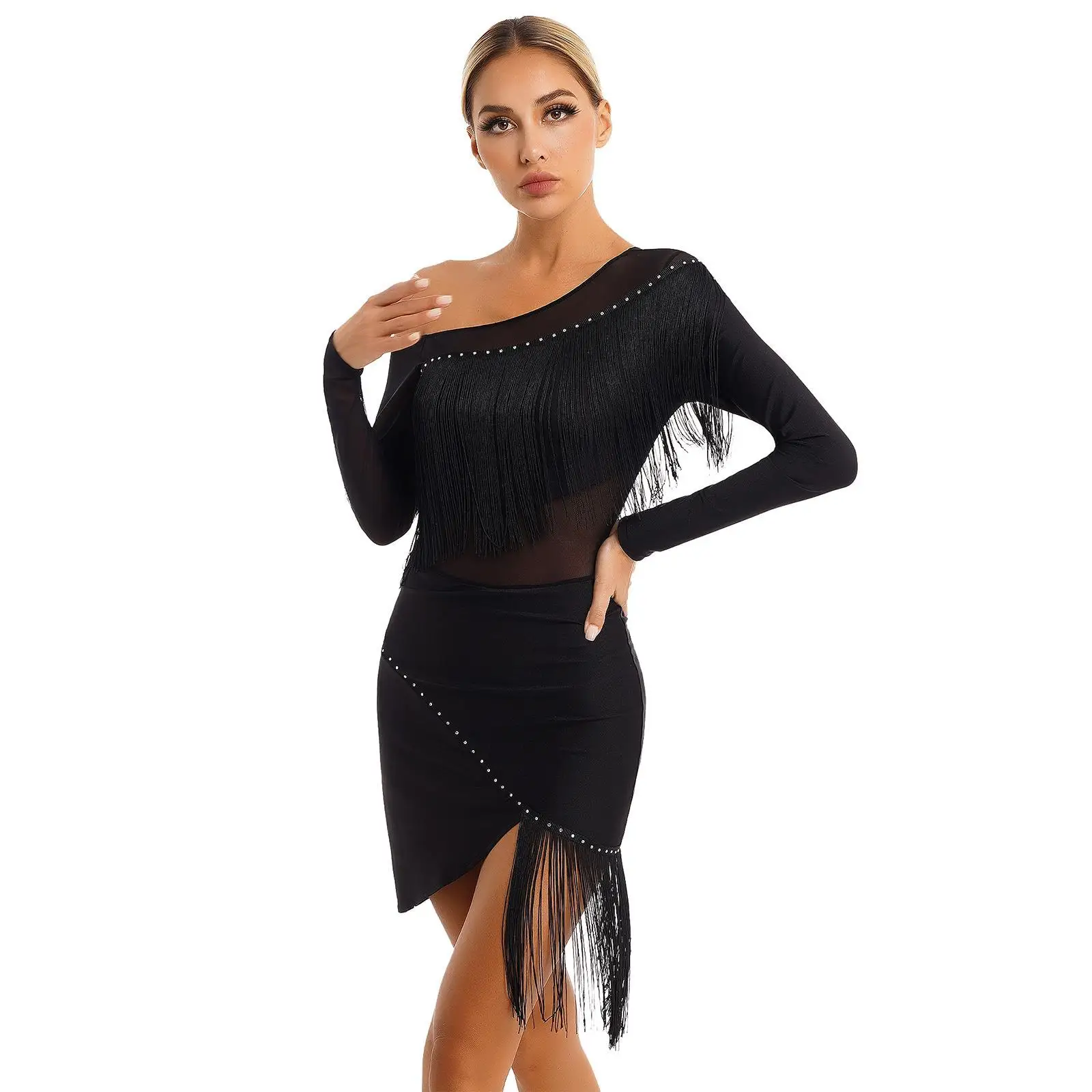 

Womens Oblique Shoulder Fringed Sheer Mesh Patchwork Long Sleeve Irregular Hem Dresses for Tango Latin Cha-Cha Samba Dance Dress