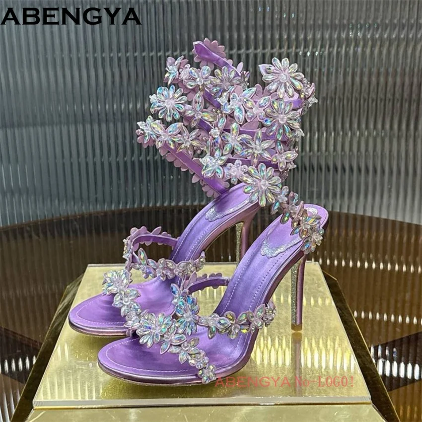 Luxury Crystal High Heels Sandals Woman Ankle Snake Strap Summer Wedding Shoes For Woman Runway Gladiator Sandals Women