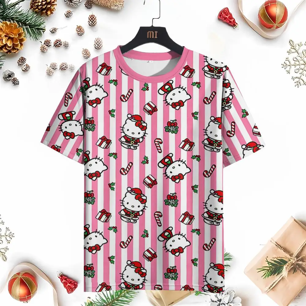 Christmas Cartoon Women's T-Shirt Miniso Disney Fashion Tops Pink Hello Kitty Short Sleeve Round Neck Casual Clothing Kawaii Tee