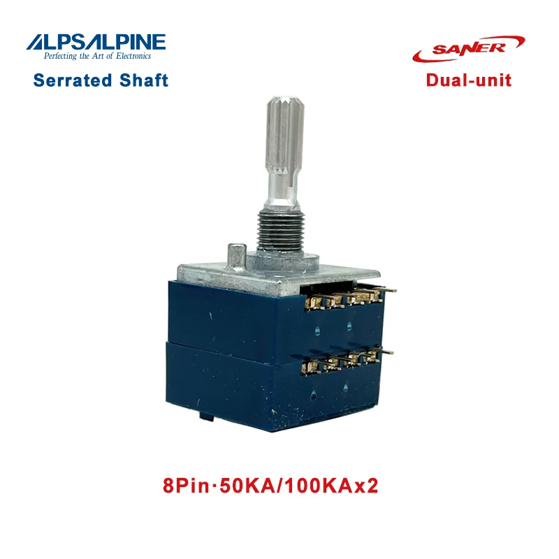 ALPS 8Pin 50KA/100KAx2 RK27 Series Rotary Potentiometers Serrated Shaft Dual-unit Length:25mm