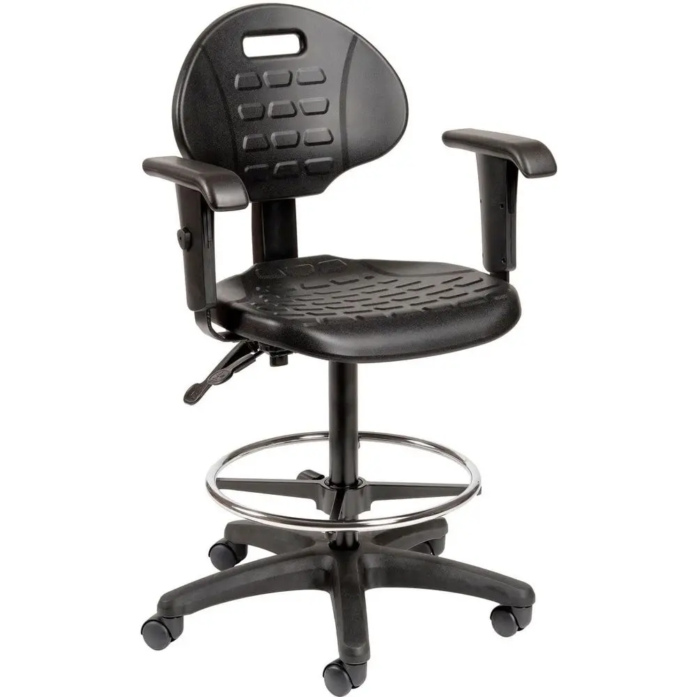 Ergonomic PU Task Stool with Adjustable Arms, Lumbar Support, Height Adjustable, Footrest, Black