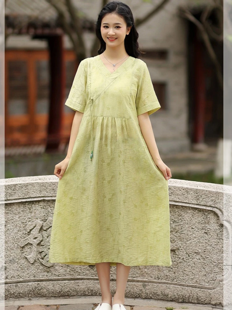 

Women Cotton Linen Casual Dress New Arrival 2025 Summer Vintage Style V-neck Loose Comfortable Female A-line Long Dresses T449